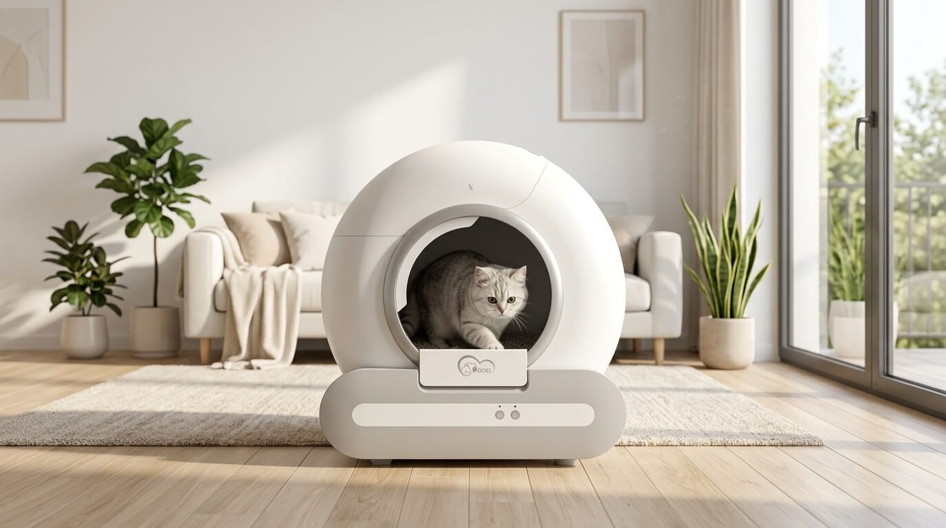 Grey tabby cat inside a white DOEL smart litter box in a bright cream living room