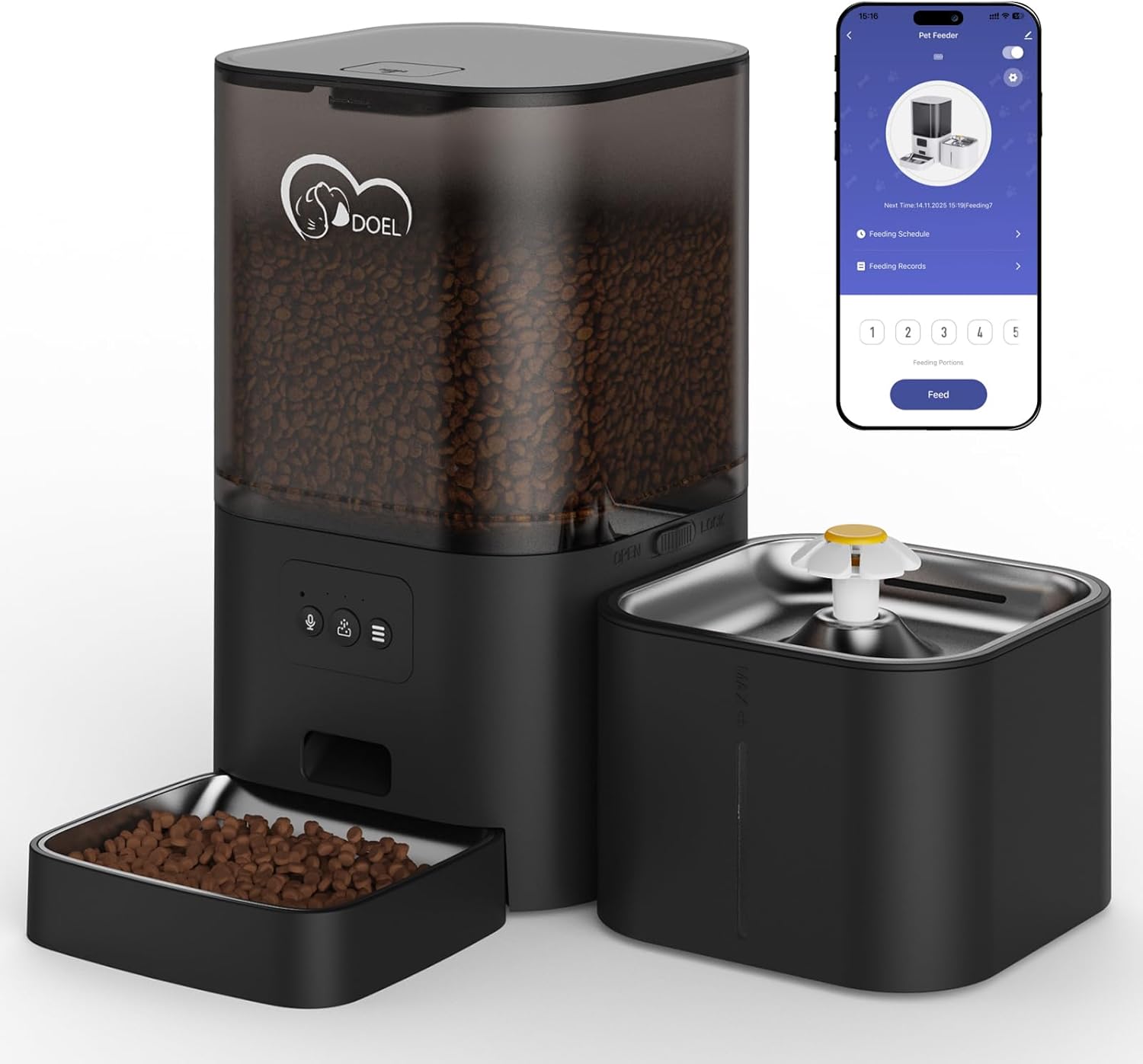 Black 6L food and water 2-in-1 smart feeder with kibble and fountain