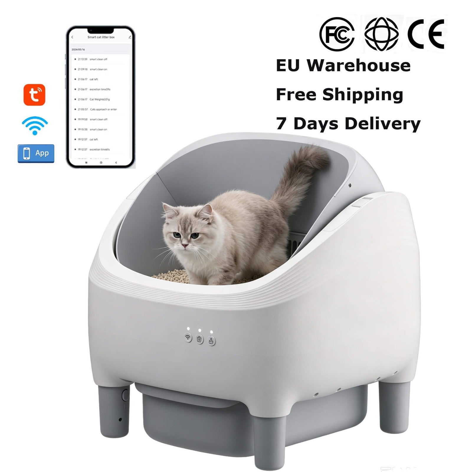 Mini automatic litter box with a Ragdoll cat and the companion app