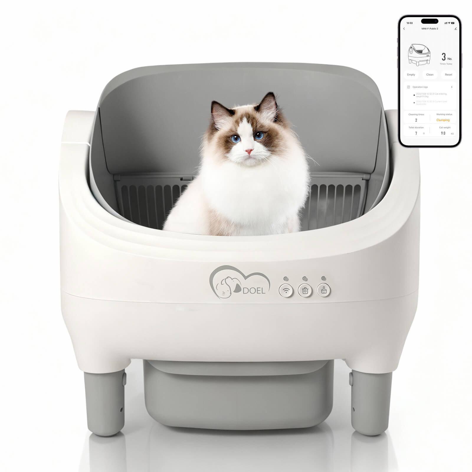 White open-top automatic litter box with a Ragdoll cat sitting inside
