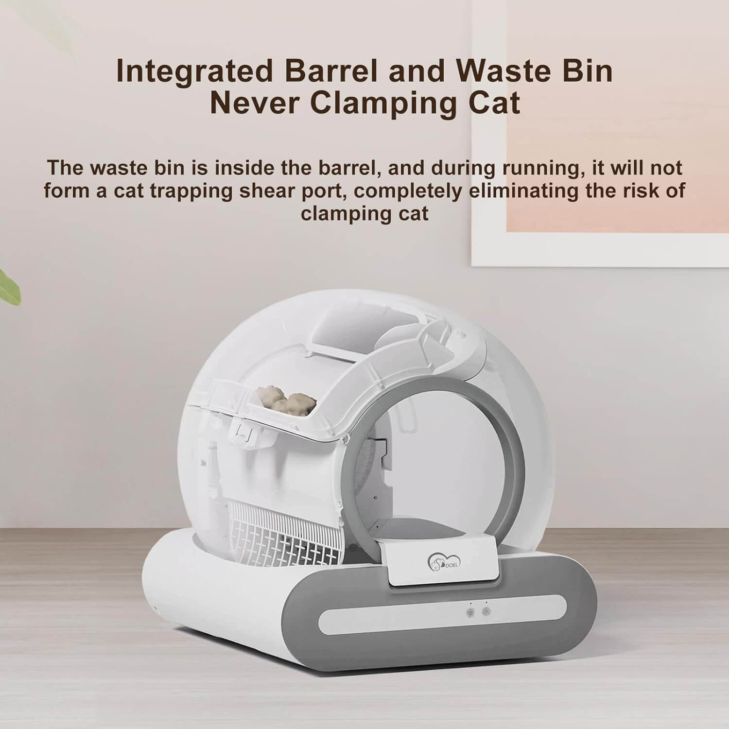 Cutaway of the integrated barrel and waste bin engineered so it never pinches the cat