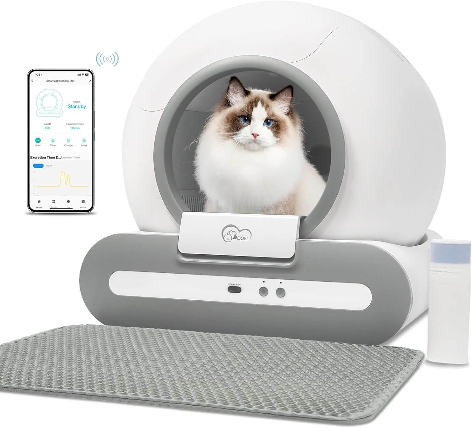 T1+ automatic self-cleaning litter box with a Ragdoll cat inside and the companion app on a phone